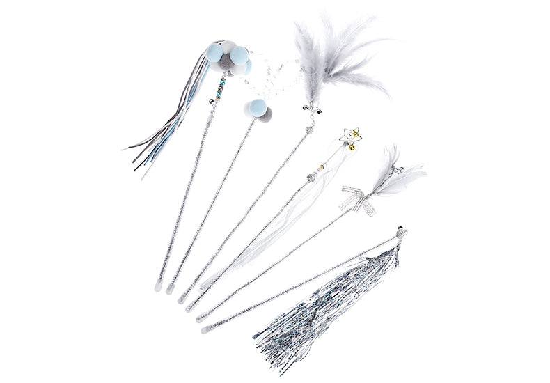 Cat teaser wand toys with feathers and bells for self amusement.