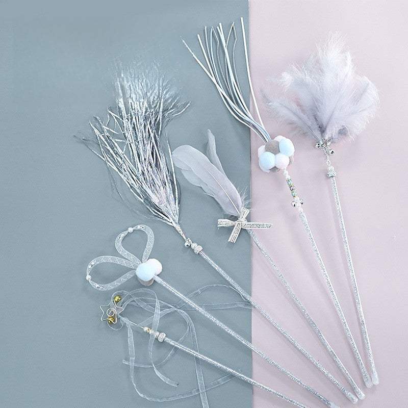 Cat teaser wand toys with feathers and bells for kitten amusement.