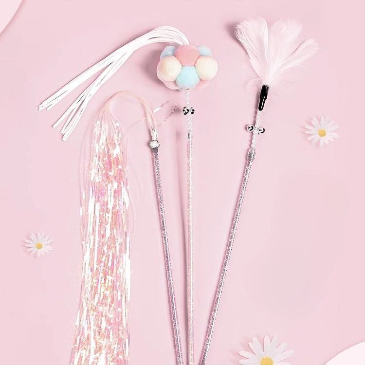Cat teaser wand toy with feathers and bells, perfect for entertaining and engaging kittens and puppies.