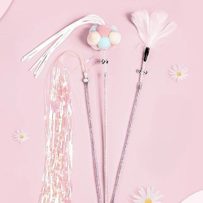 Cat teaser wand toy with feathers and bells, perfect for entertaining and engaging kittens and puppies.