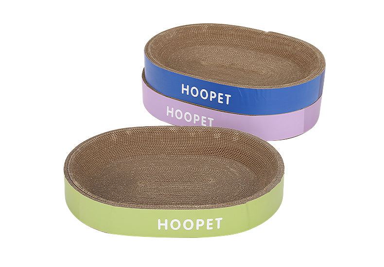 Durable non-shedding cat scratch board beds in blue, purple, and green.