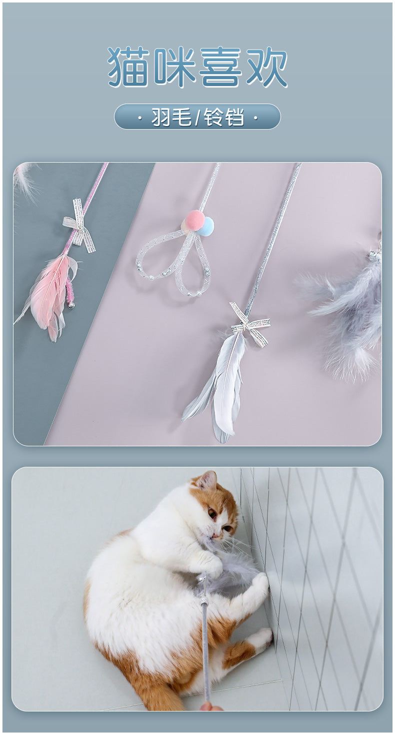 Cat playing with a feathered teaser wand toy against a gray background.