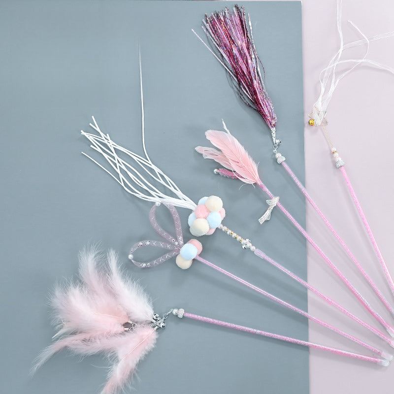 Cat teaser wand toy with feathers and bells for pet entertainment.