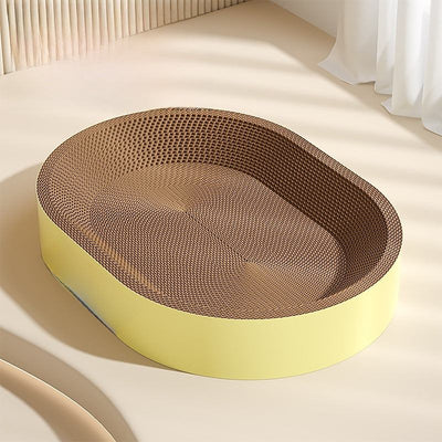 Durable eco-friendly cat scratch board bed in beige and yellow.