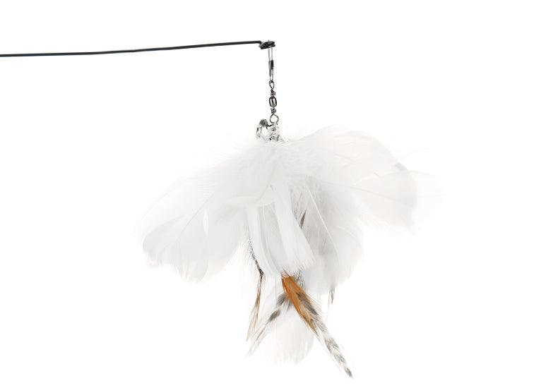 Cat toy with steel wire teaser and white feathers for self amusement.