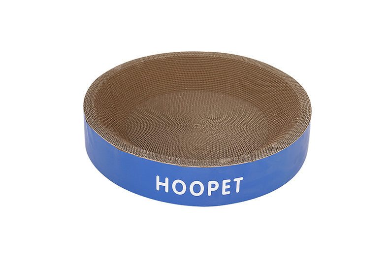 Durable cat scratch board bed with a blue rim, eco-friendly and non-shedding design.