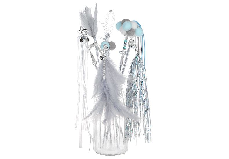 Cat teaser wand toy with feathers and bells for pet amusement.