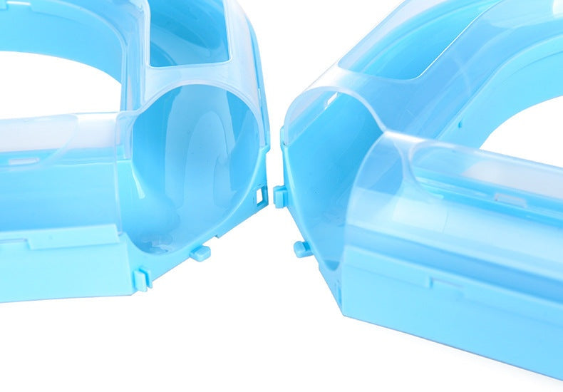 Interactive Cat Toy Set components in blue plastic, featuring a spinning wheel and exploration tunnel.