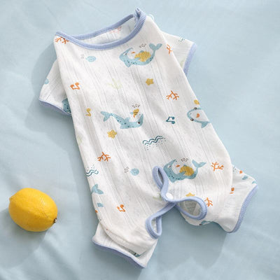 Breathable full-cover summer cat suit with ocean pattern, anti-shedding, ideal for Ragdoll kittens.