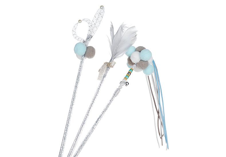 Cat teaser wand toy with feathers, bells, and colorful decorations for pet play.