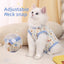 Kitten wearing anti hair loss belly cover with adjustable neck snap, cotton summer design.